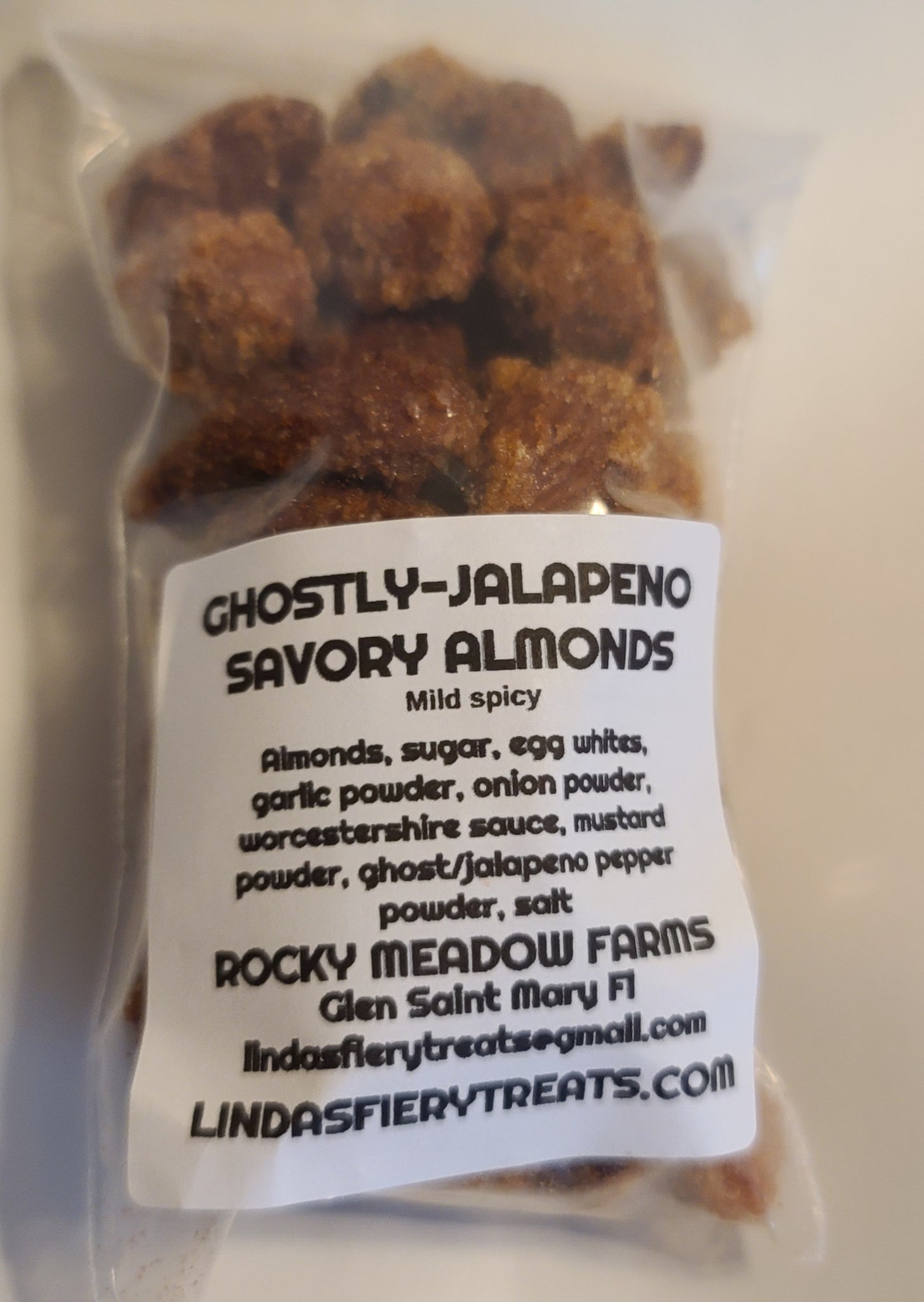 Ghostly Jalapeno Savory Almonds - Mild Spicy - Ingredients: Almonds, Sugar, Egg Whites, Garlic Powder, Onion Powder, Worcestershire Sauce, Mustard Powder, Ghost/Jalapeno Pepper Powder, Salt