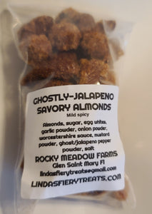 Ghostly Jalapeno Savory Almonds - Mild Spicy - Ingredients: Almonds, Sugar, Egg Whites, Garlic Powder, Onion Powder, Worcestershire Sauce, Mustard Powder, Ghost/Jalapeno Pepper Powder, Salt